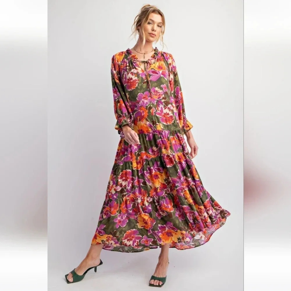 New Easel Green Floral Long Sleeve Maxi Dress
